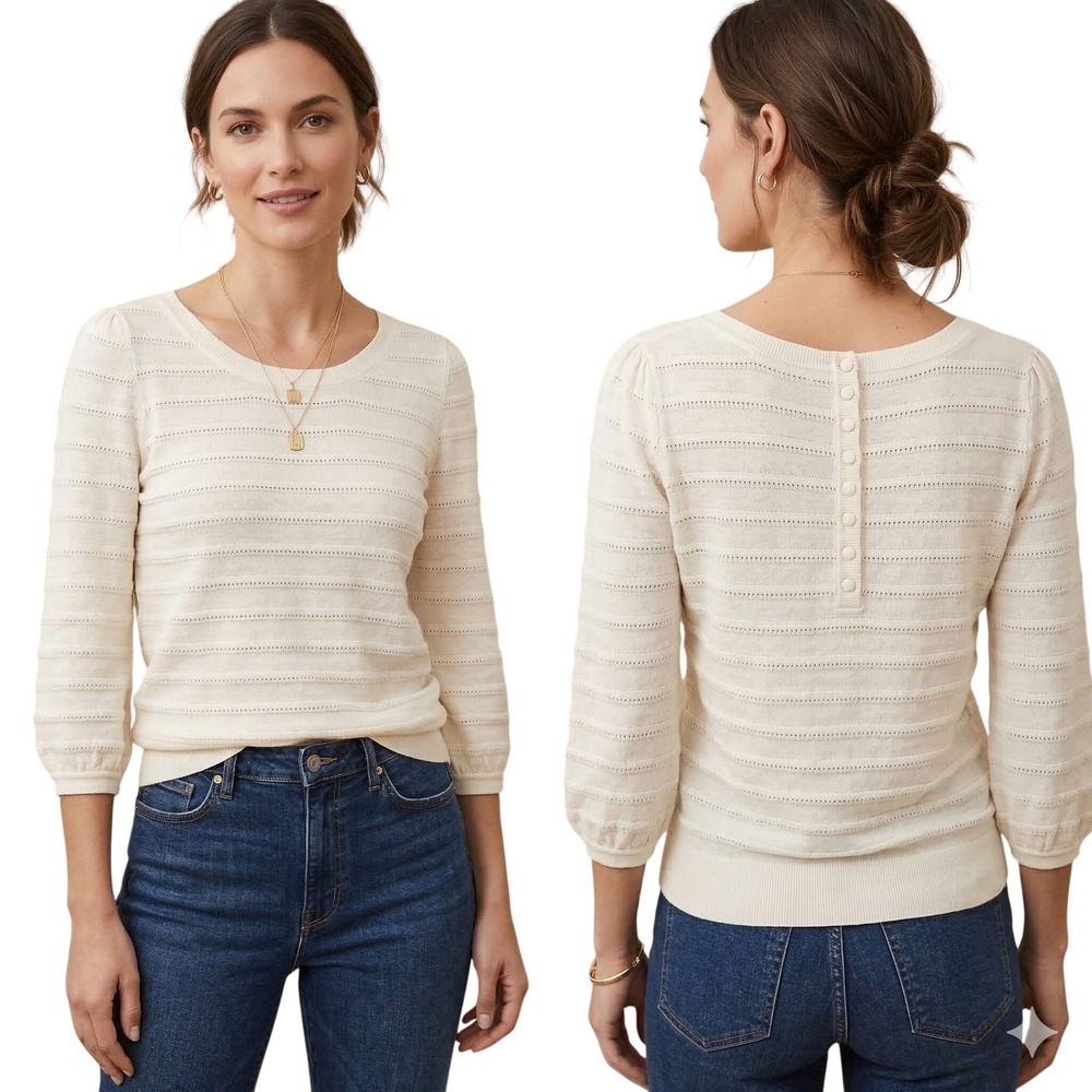 LOFT Womens Sweater Cream Pointelle Knit 3/4 Puff Sleeve Back Button Spring XS